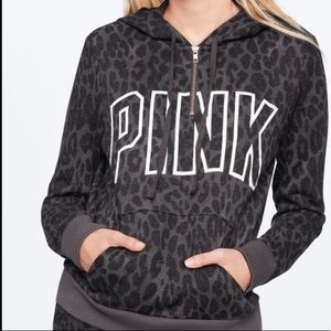 VS PINK DARK GREY LEOPARD PRINK QUARTER ZIP HOODIE
